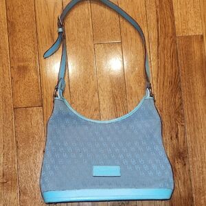 Dooney & Bourke Monogram Canvas Shoulder Bag Blue Trim Small Hobo Handbag
